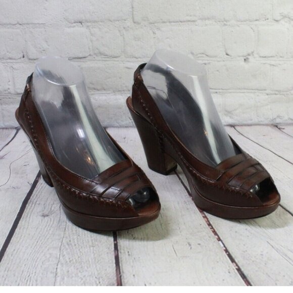 Frye Brown Leather Slip On Sling Back Open Toe Heeled Sandals Size 9.5 B - Picture 3 of 9